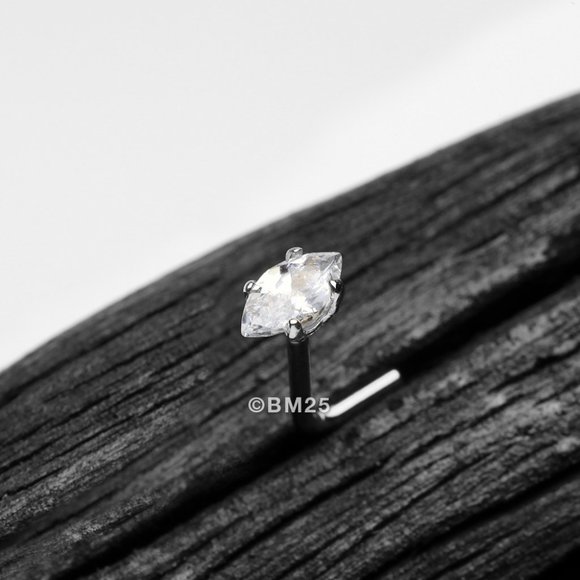 14 Karat White Gold Prong Set Marquise Gem Sparkle L-Shaped Nose Ring - Clear - Picture 1 of 2